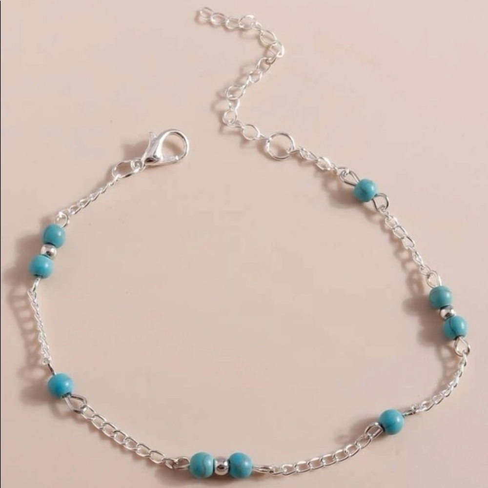SILVER TURQUOISE BEADED ANKLE BRACELET. NEW - Picture 2 of 2